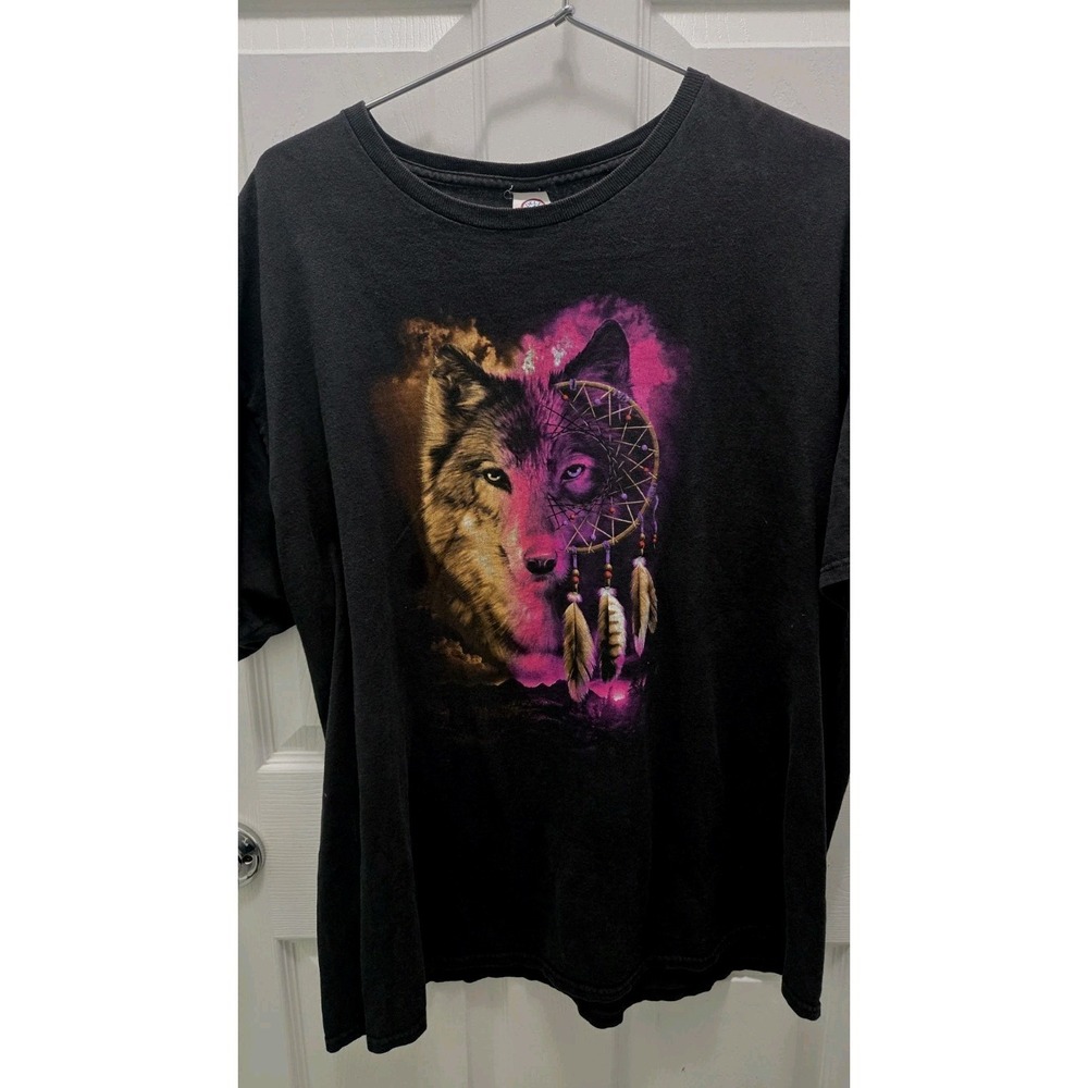 Wolf Dreamcatcher T Shirt Delta Pro Weight Black 2XL Y2K Graphic Tee Watercolor - Picture 2 of 4
